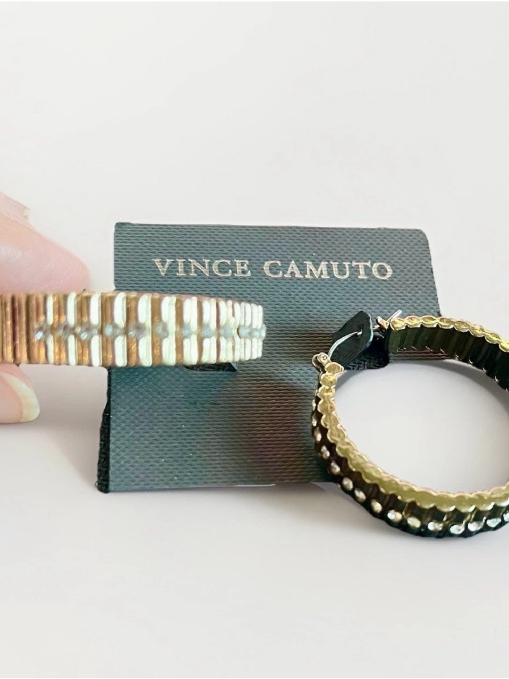 Vince Camuto Gold Tone Ribbed Zirconia Stone Hoop Earrings